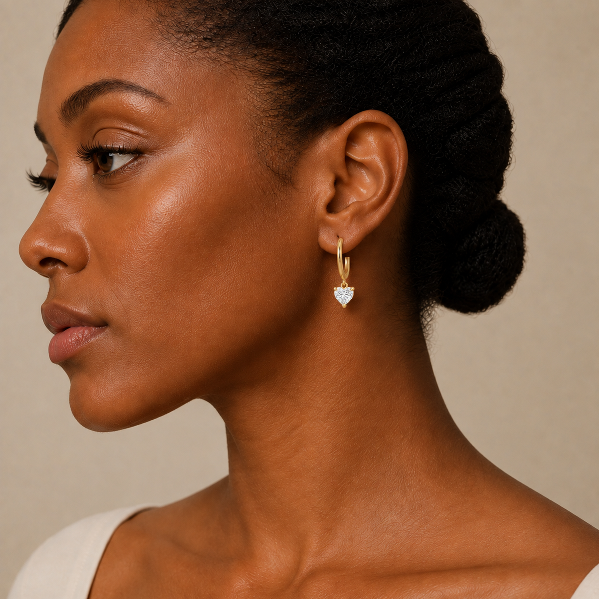 Cerelia Heart Solitaire Drop Huggie Hoop Lab-Grown Diamond Earrings in 14K Yellow Gold, worn on ear