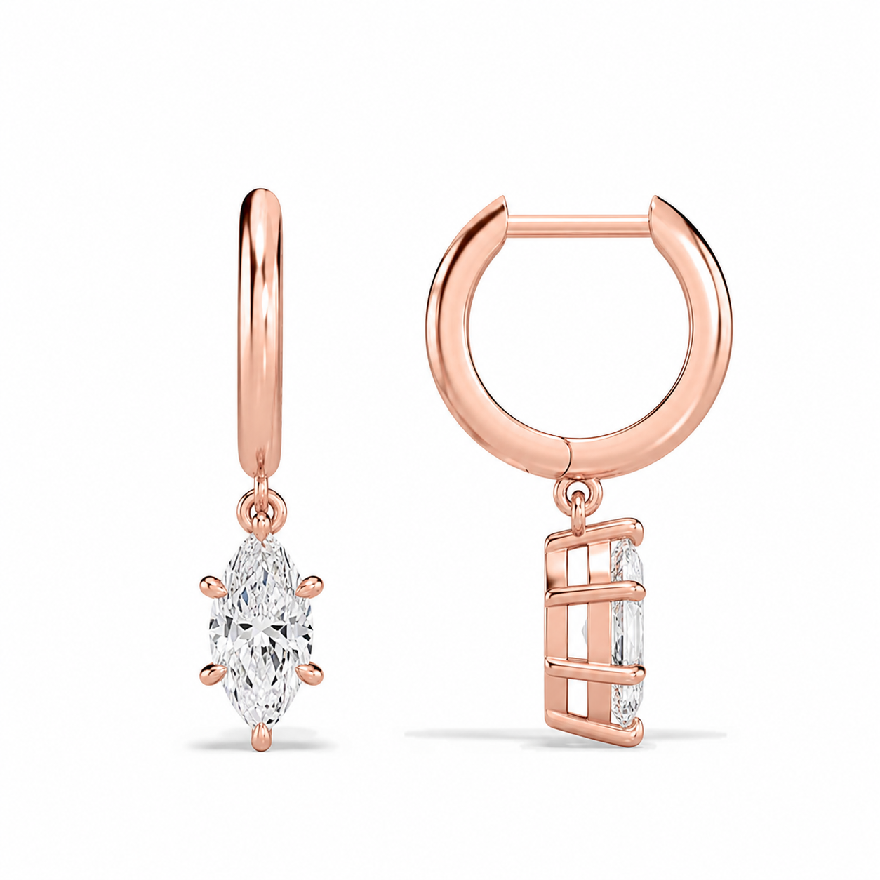 Cerelia Marquise Solitaire Drop Huggie Hoop Diamond Earrings in 14K Rose Gold second product view