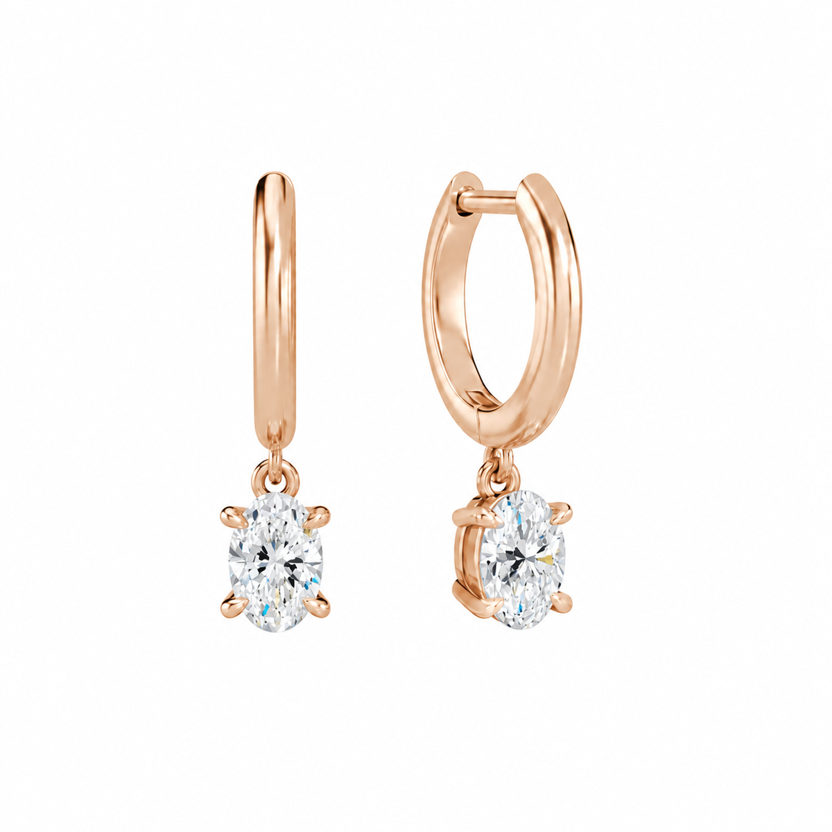 Cerelia Oval Solitaire Drop Huggie Hoop Lab-Grown Diamond Earrings in 14K Rose Gold, front view
