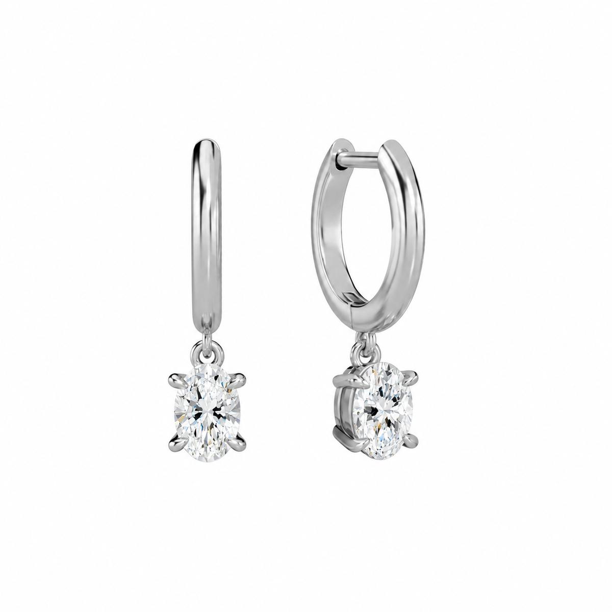 Cerelia Oval Solitaire Drop Huggie Hoop Lab-Grown Diamond Earrings in 14K White Gold, front view