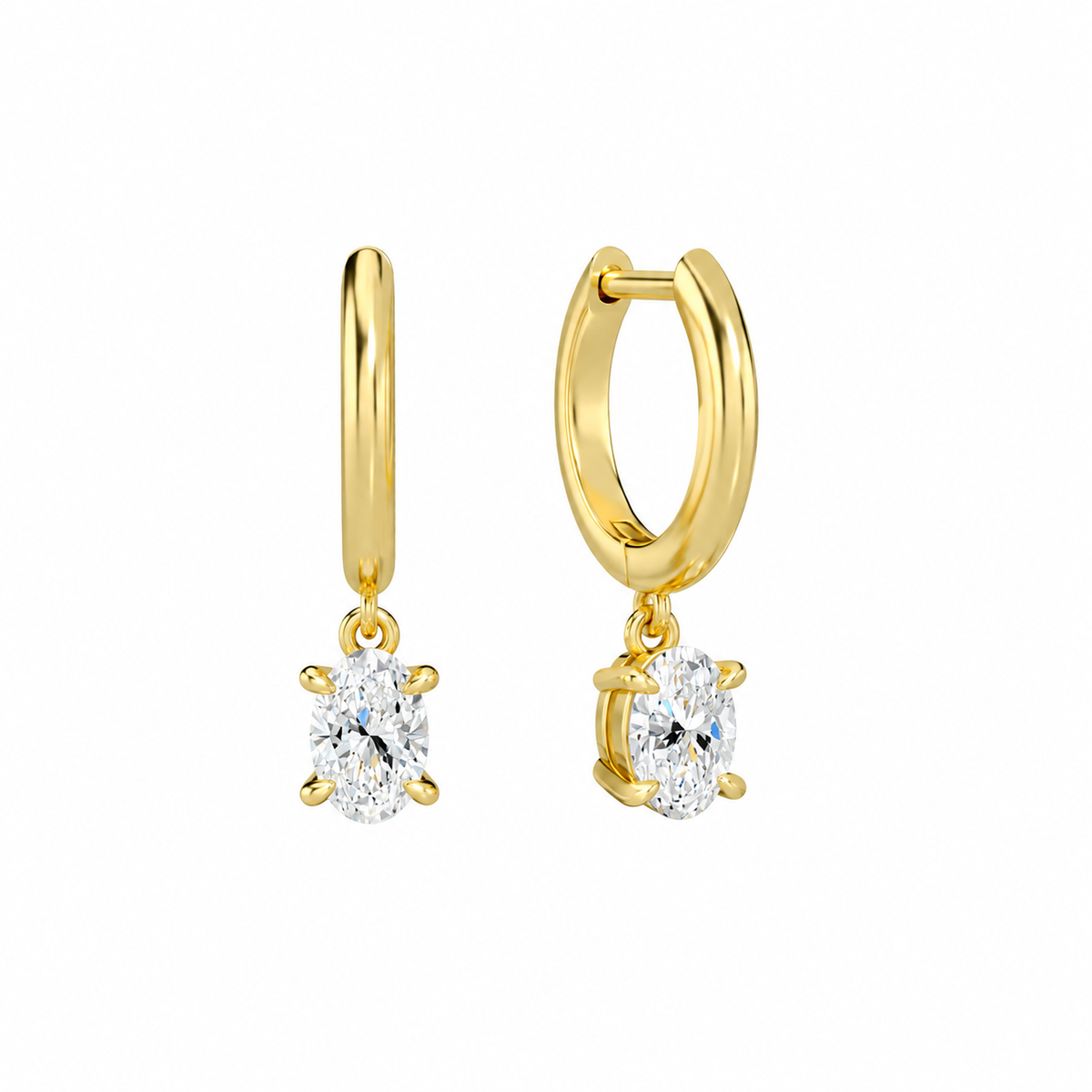 Cerelia Oval Solitaire Drop Huggie Hoop Lab-Grown Diamond Earrings in 14K Yellow Gold, front view