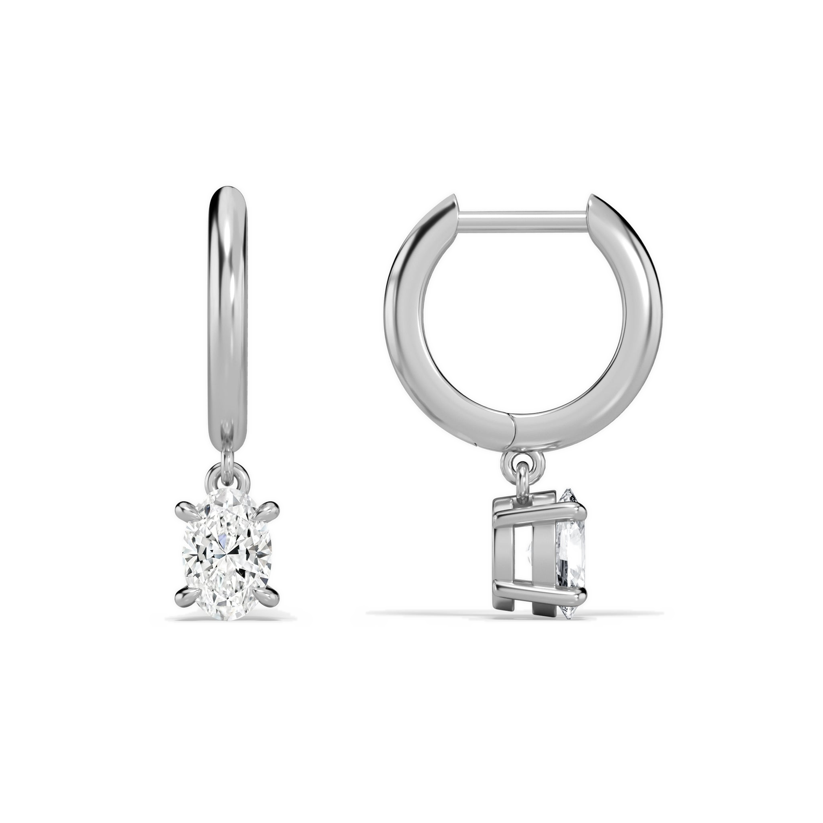Cerelia Oval Solitaire Drop Huggie Hoop Diamond Earrings in Platinum second product view