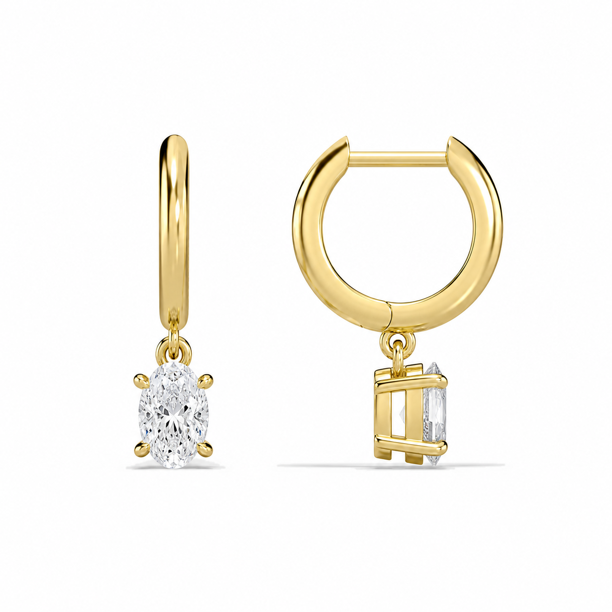 Cerelia Oval Solitaire Drop Huggie Hoop Diamond Earrings in 18K Yellow Gold second product view