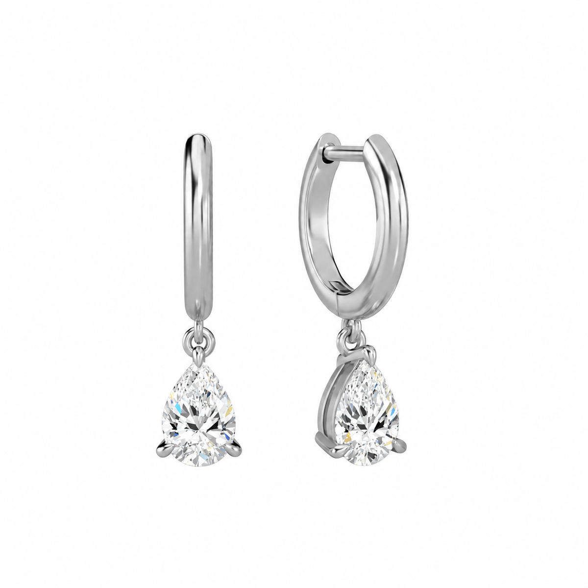 Cerelia Pear Solitaire Drop Huggie Hoop Lab-Grown Diamond Earrings in 14K White Gold, front view