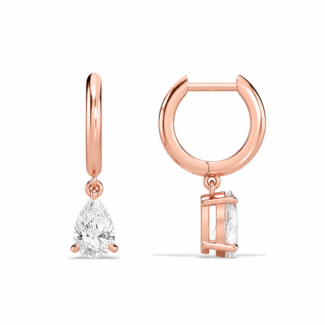 Cerelia Pear Solitaire Drop Huggie Hoop Diamond Earrings in 14K Rose Gold second product view