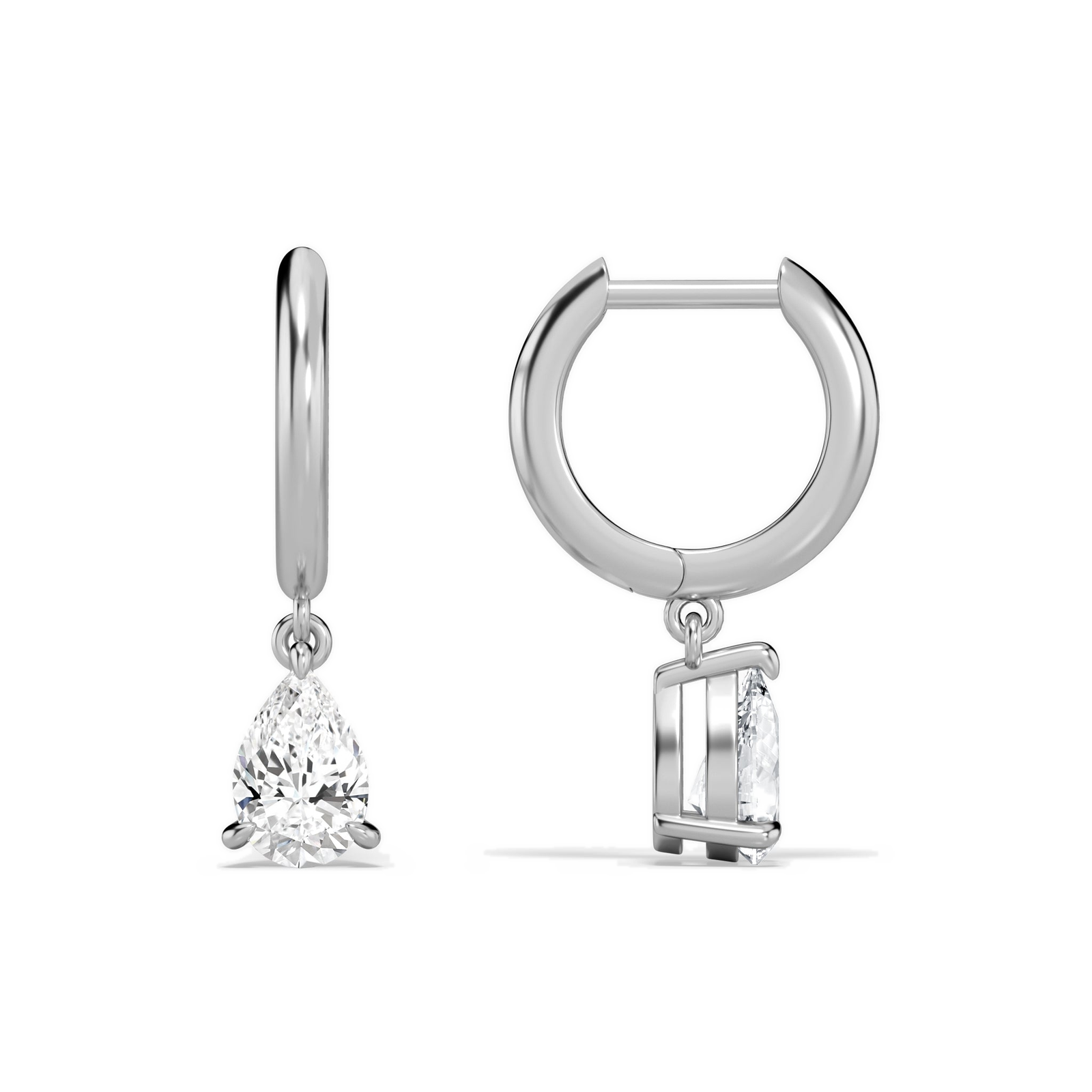 Cerelia Pear Solitaire Drop Huggie Hoop Diamond Earrings in 18K White Gold second product view