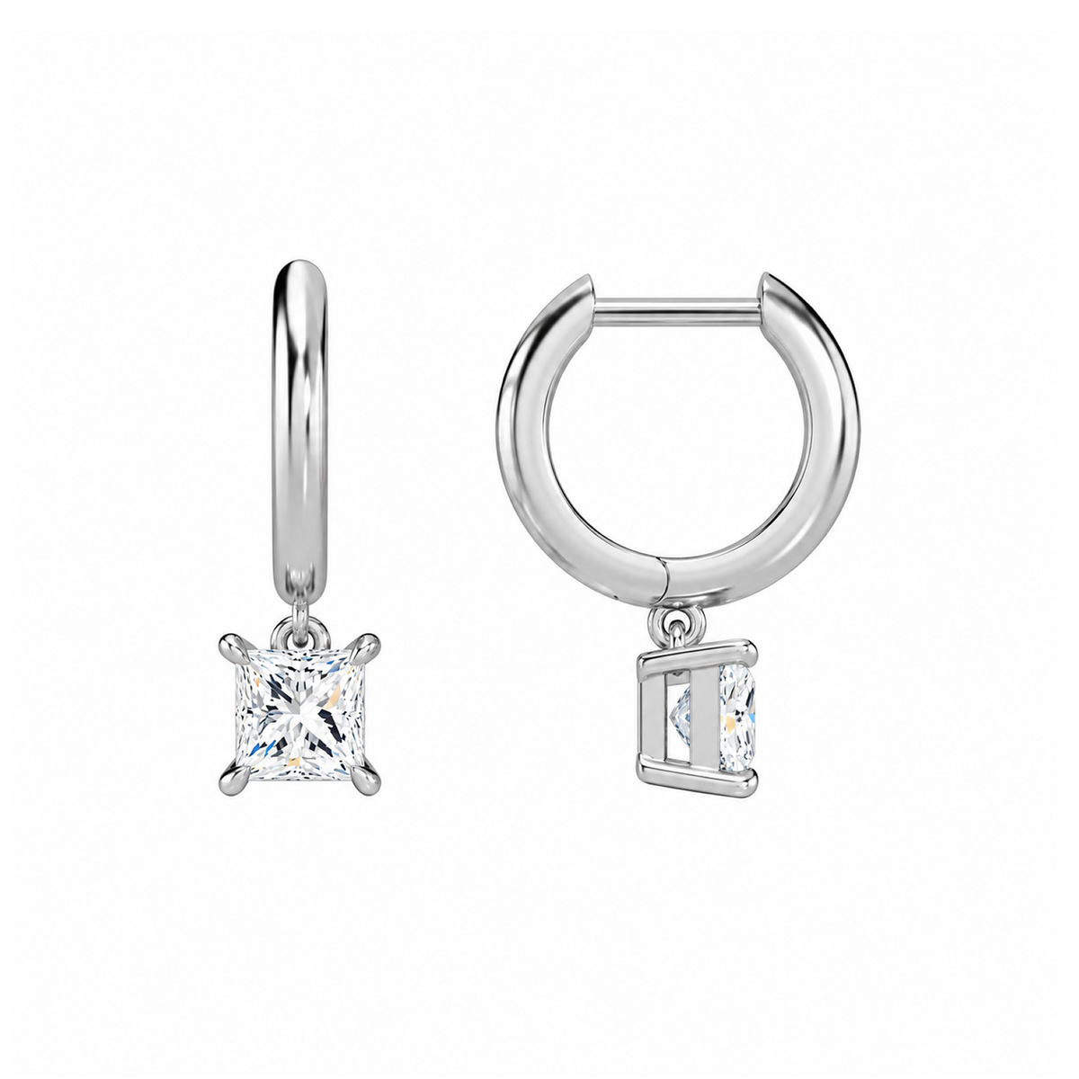 Cerelia Princess Solitaire Drop Huggie Hoop Lab-Grown Diamond Earrings in 14K White Gold, alternate product view
