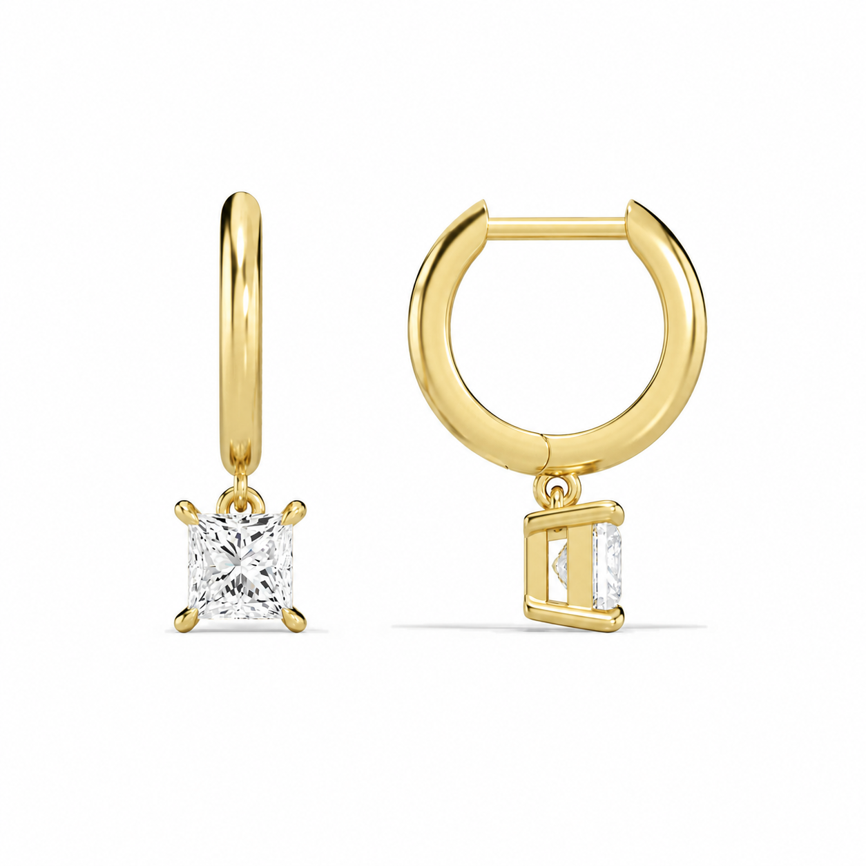 Cerelia Princess Solitaire Drop Huggie Hoop Diamond Earrings in 14K Yellow Gold second product view