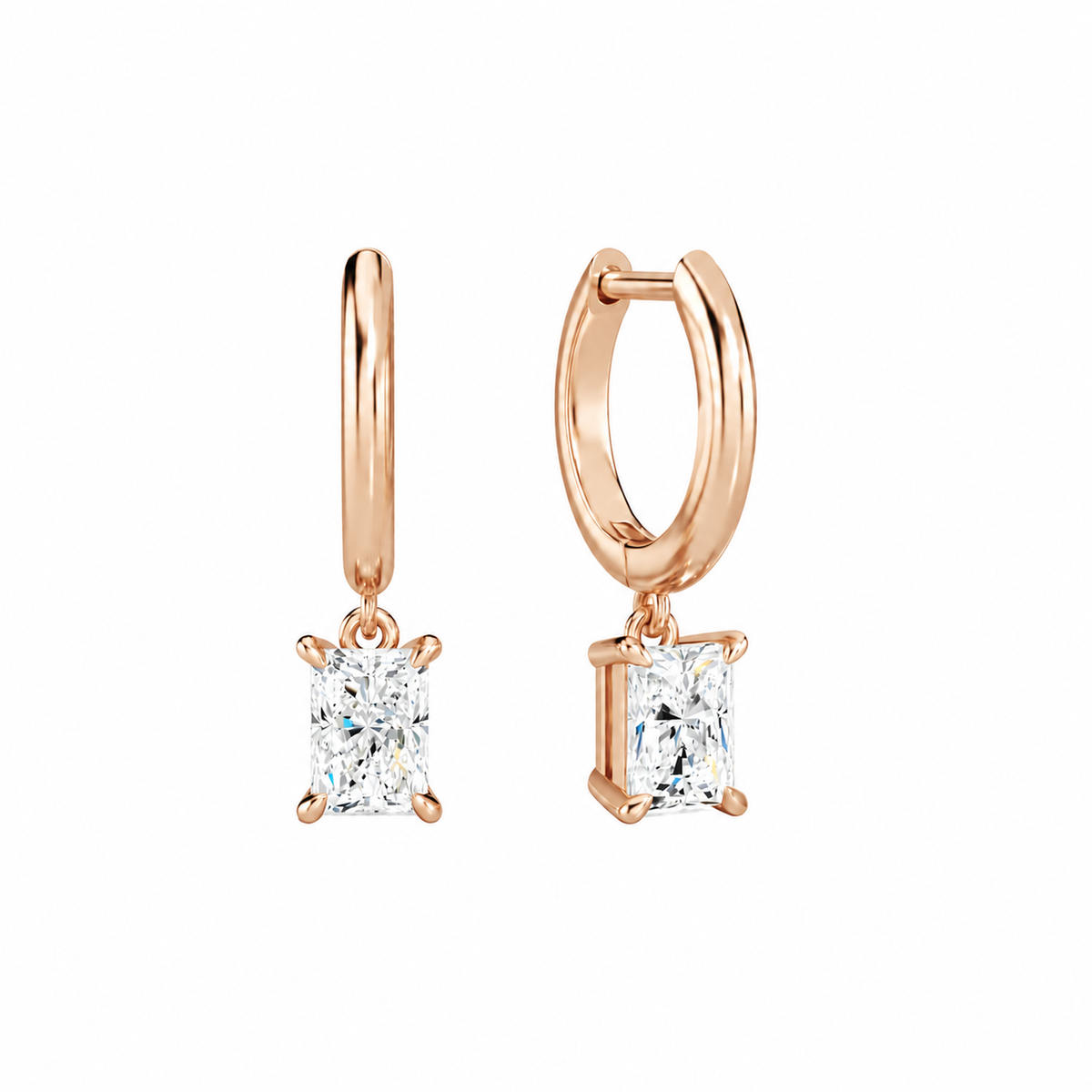 Cerelia Radiant Solitaire Drop Huggie Hoop Lab-Grown Diamond Earrings in 14K Rose Gold, front view