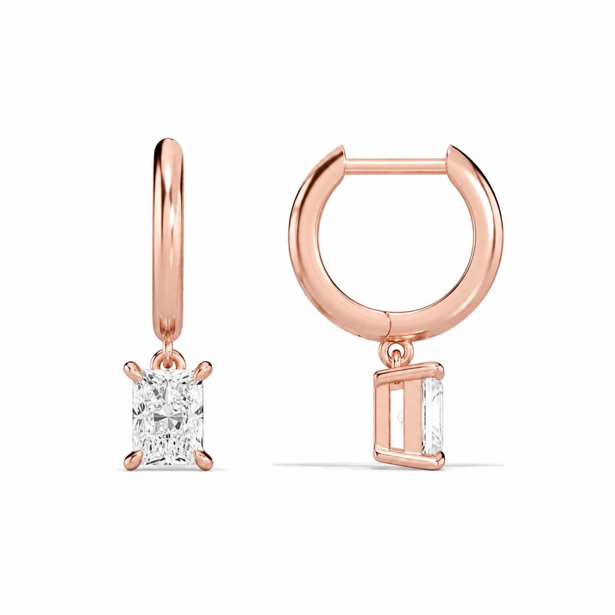 Cerelia Radiant Solitaire Drop Huggie Hoop Diamond Earrings in 14K Rose Gold second product view