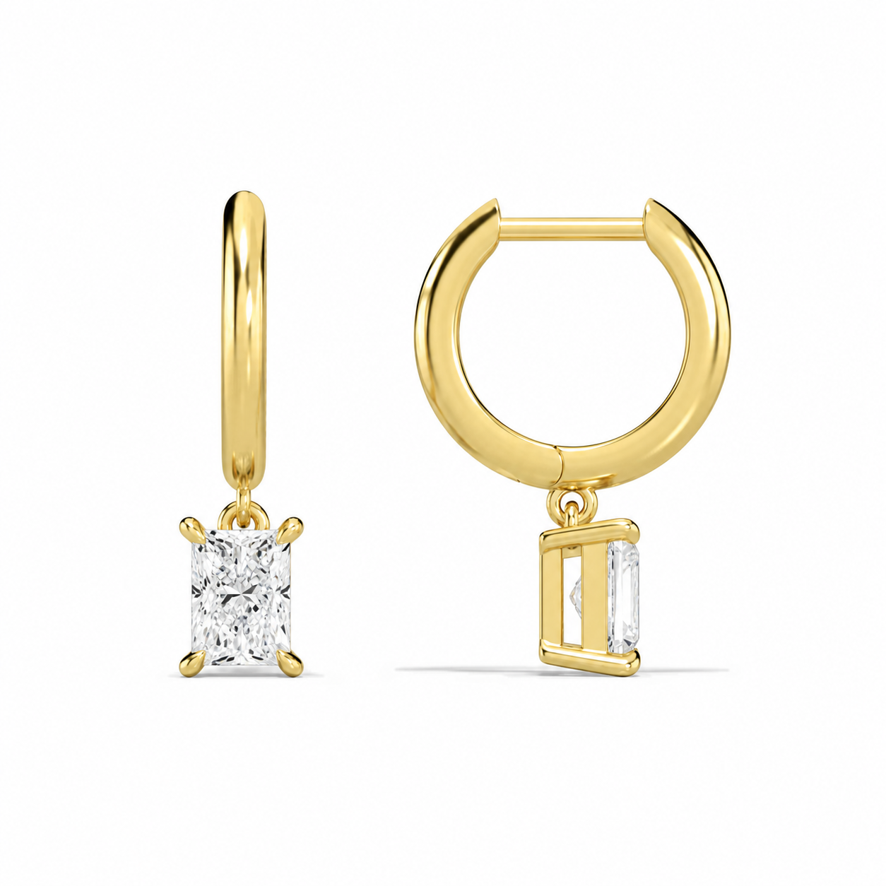 Cerelia Radiant Solitaire Drop Huggie Hoop Diamond Earrings in 18K Yellow Gold second product view