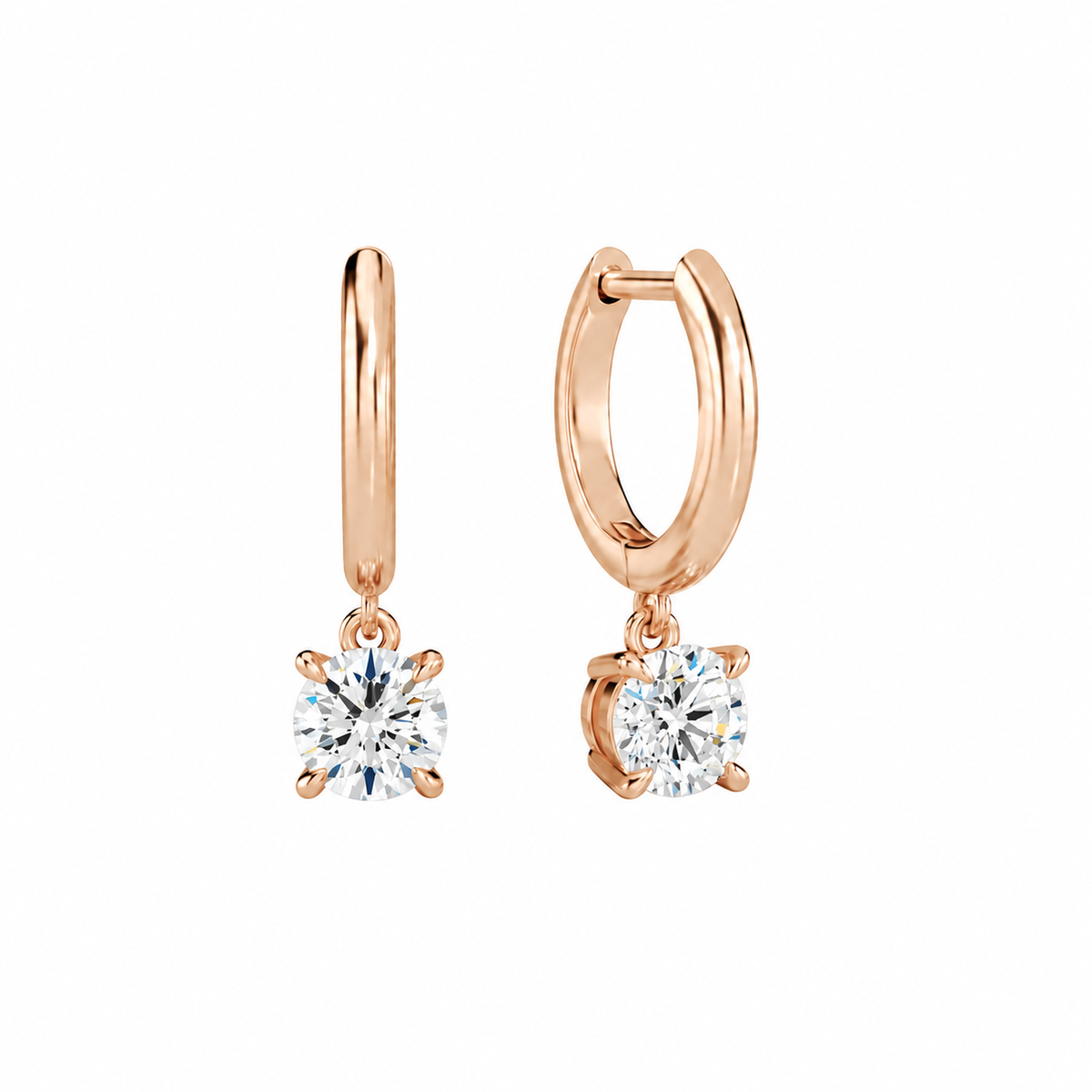 Cerelia Round Solitaire Drop Huggie Hoop Lab-Grown Diamond Earrings in 14K Rose Gold, front view
