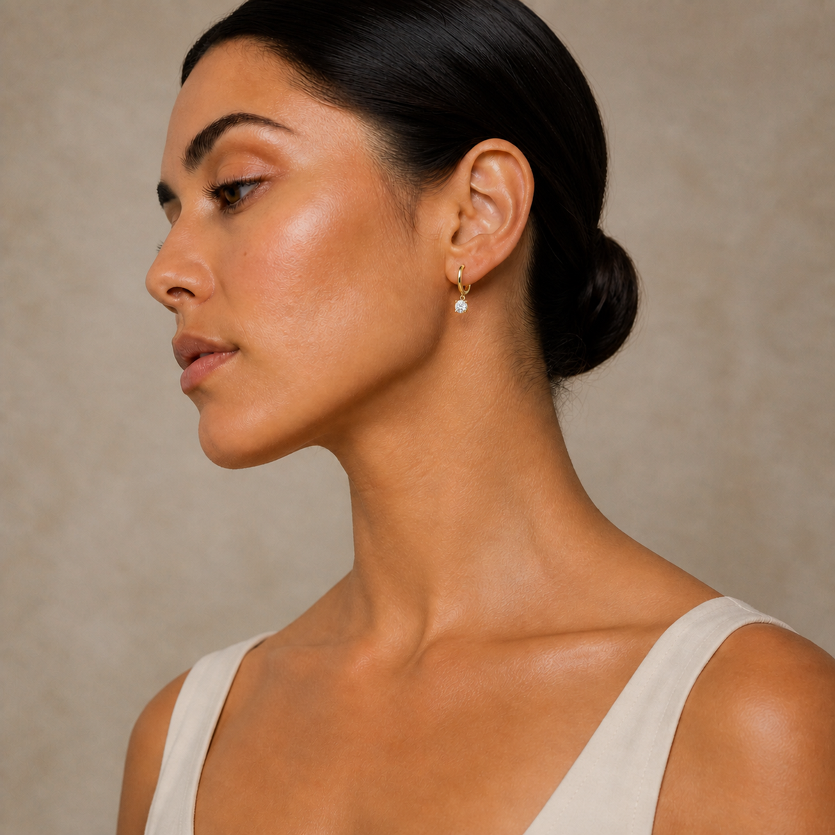 Cerelia Round Solitaire Drop Huggie Hoop Lab-Grown Diamond Earrings in 14K Yellow Gold, worn on ear