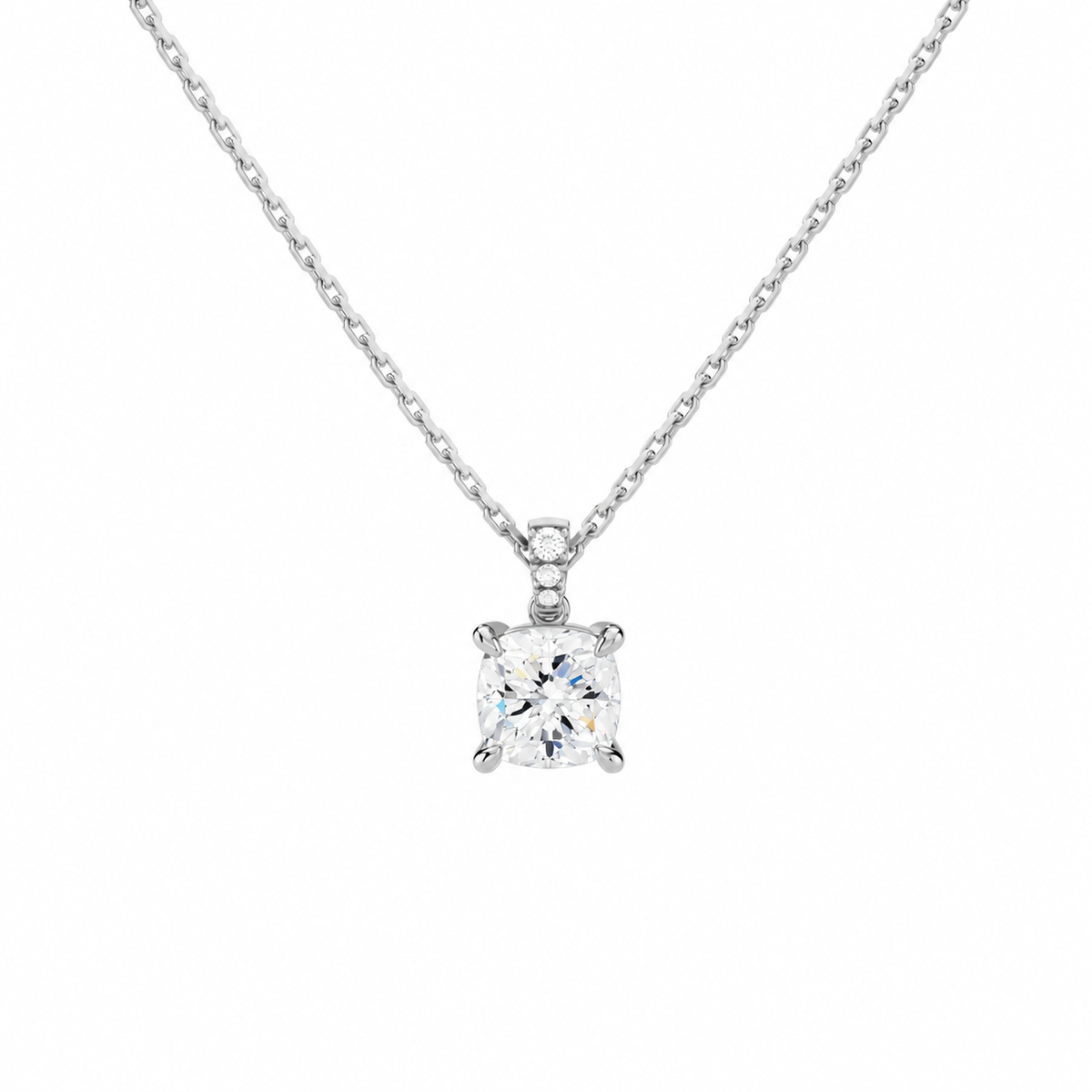 Maeva Cushion Accented Bail Lab-Grown Diamond Pendant Necklace in 14K White Gold, front view