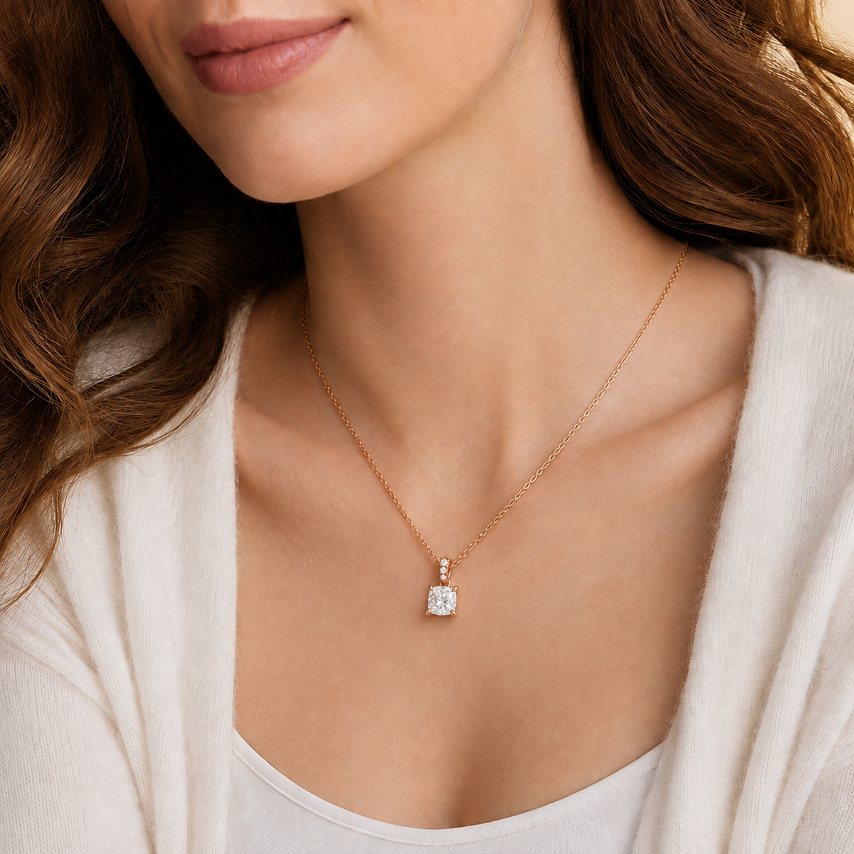 Maeva Cushion Accented Bail Lab-Grown Diamond Pendant Necklace in 14K Rose Gold, worn on neck