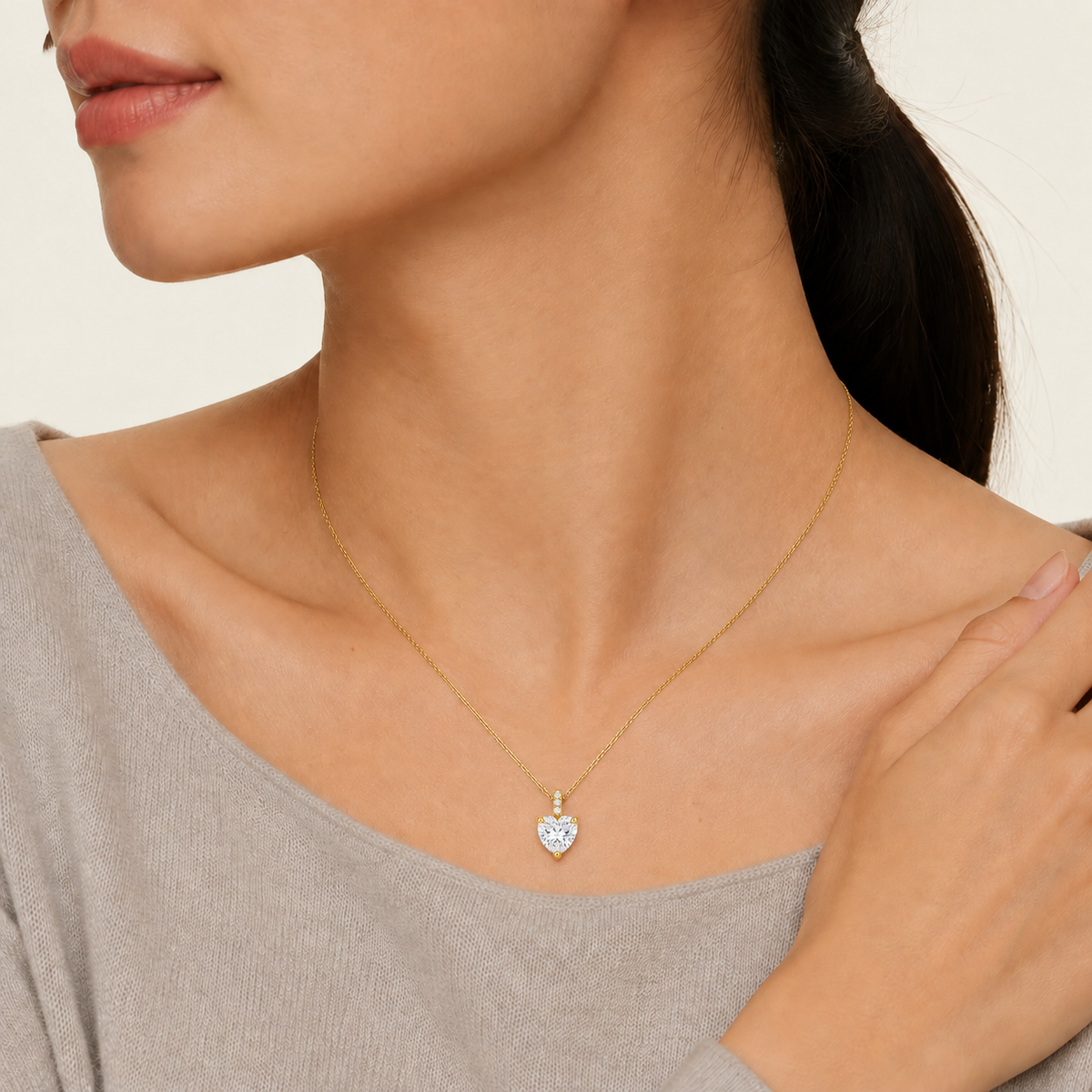 Maeva Heart Accented Bail Lab-Grown Diamond Pendant Necklace in 14K Yellow Gold, worn on neck