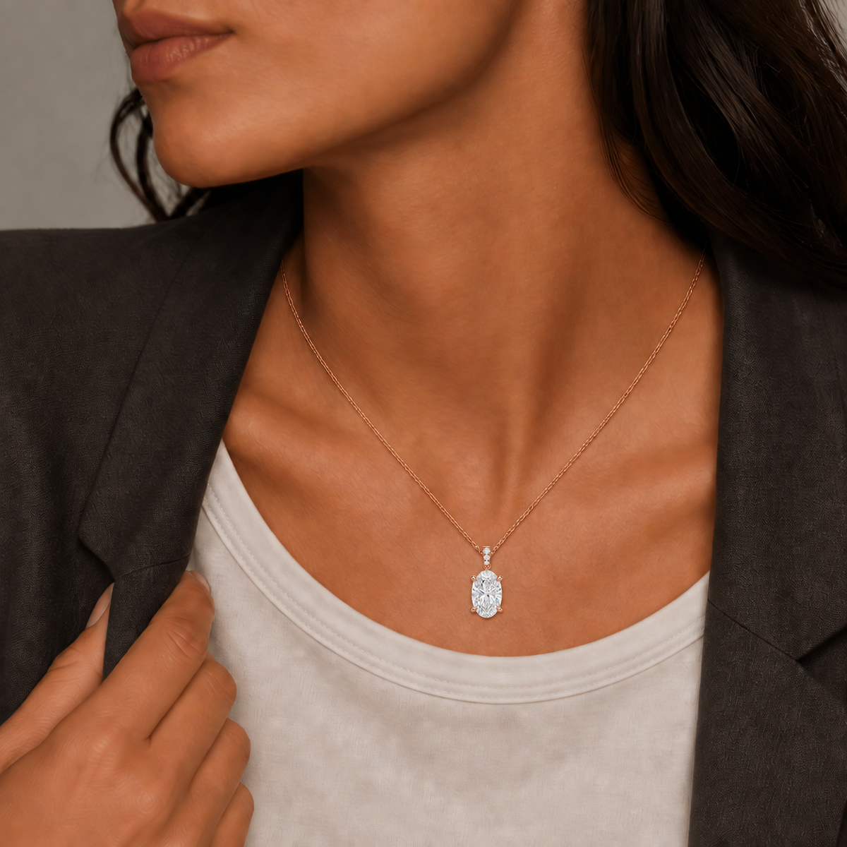 Maeva Oval Accented Bail Lab-Grown Diamond Pendant Necklace in 14K Rose Gold, worn on neck