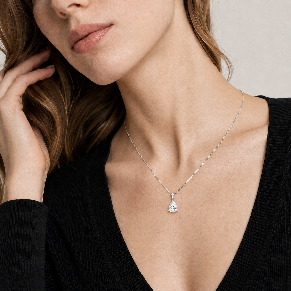 Maeva Pear Accented Bail Lab-Grown Diamond Pendant Necklace in 14K White Gold, worn on neck