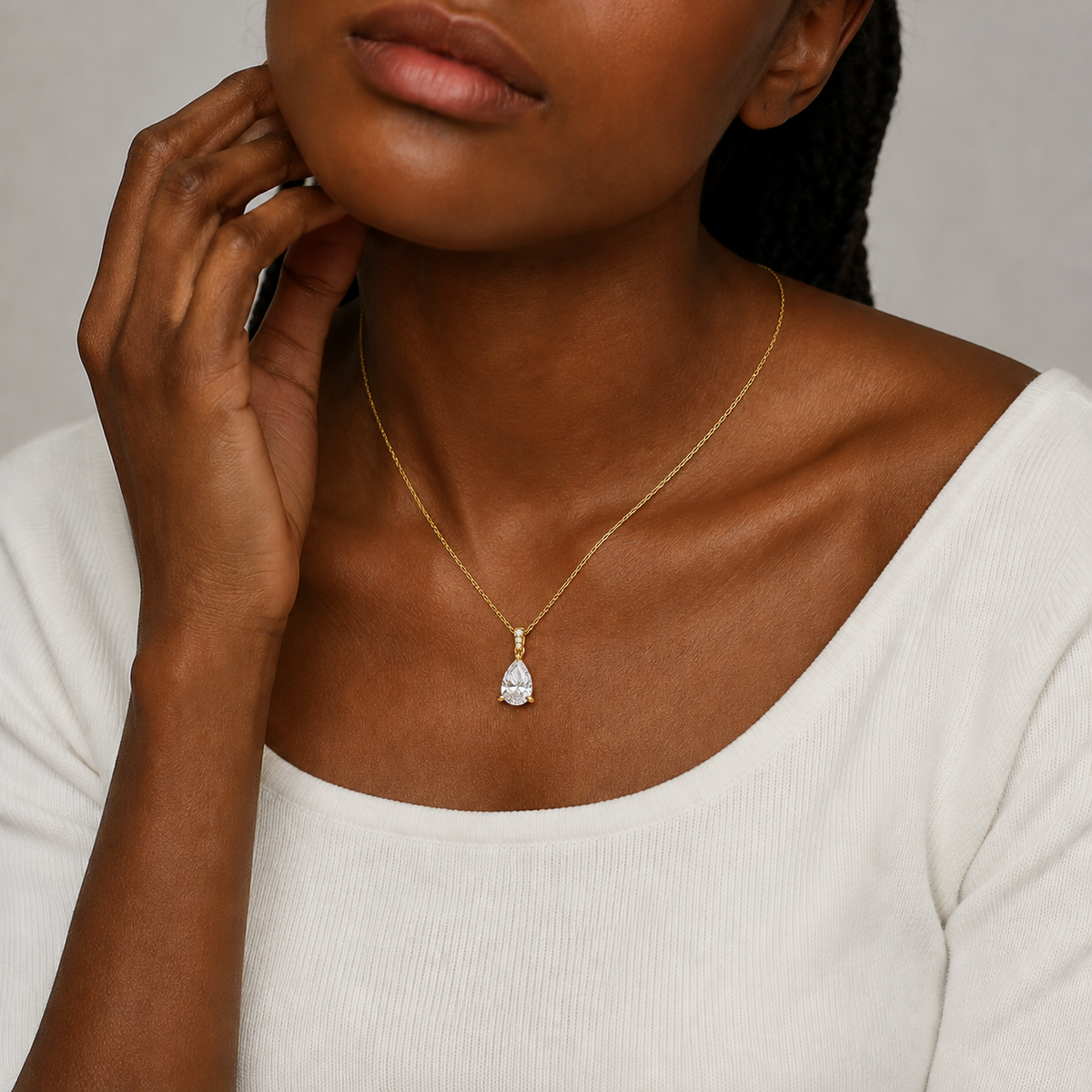 Maeva Pear Accented Bail Lab-Grown Diamond Pendant Necklace in 14K Yellow Gold, worn on neck