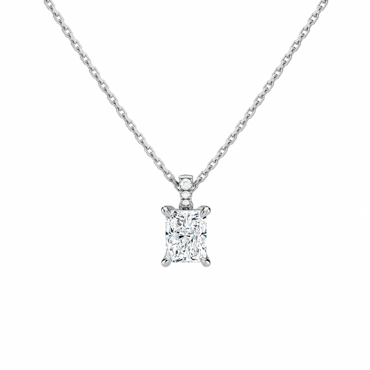 Maeva Radiant Accented Bail Lab-Grown Diamond Pendant Necklace in 18K White Gold, front view