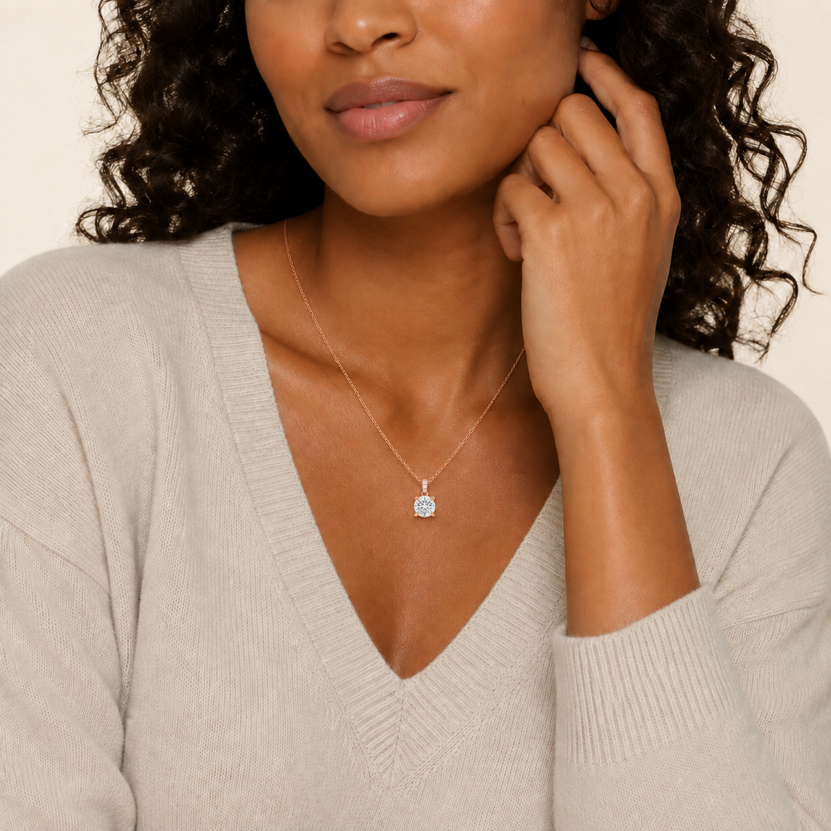 Maeva Round Accented Bail Lab-Grown Diamond Pendant Necklace in 14K Rose Gold, worn on neck