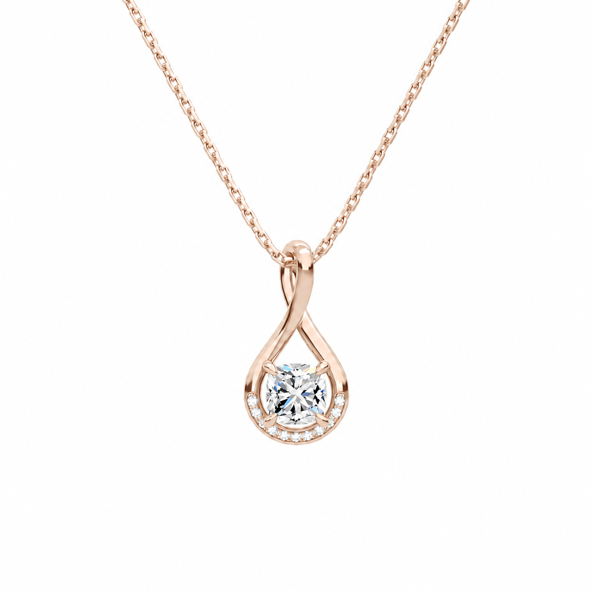 Nelle Cushion Accented Twist Lab-Grown Diamond Pendant Necklace in 14K Rose Gold, front view