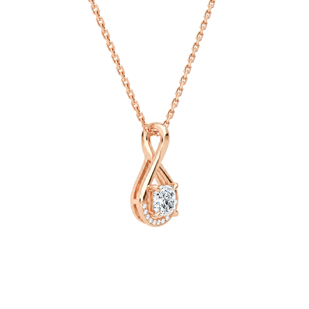 Nelle Cushion Accented Twist Lab-Grown Diamond Pendant Necklace in 14K Rose Gold, alternate product view