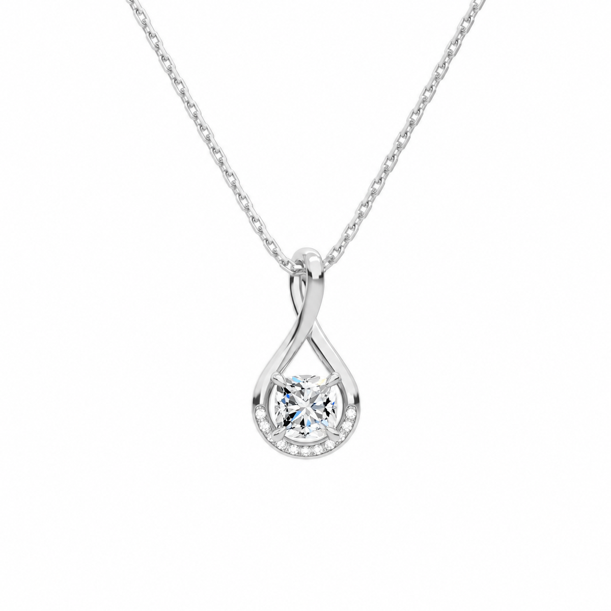 Nelle Cushion Accented Twist Lab-Grown Diamond Pendant Necklace in 14K White Gold, front view