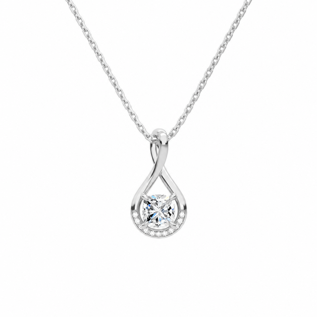 Nelle Cushion Accented Twist Lab-Grown Diamond Pendant Necklace in 14K White Gold, front view