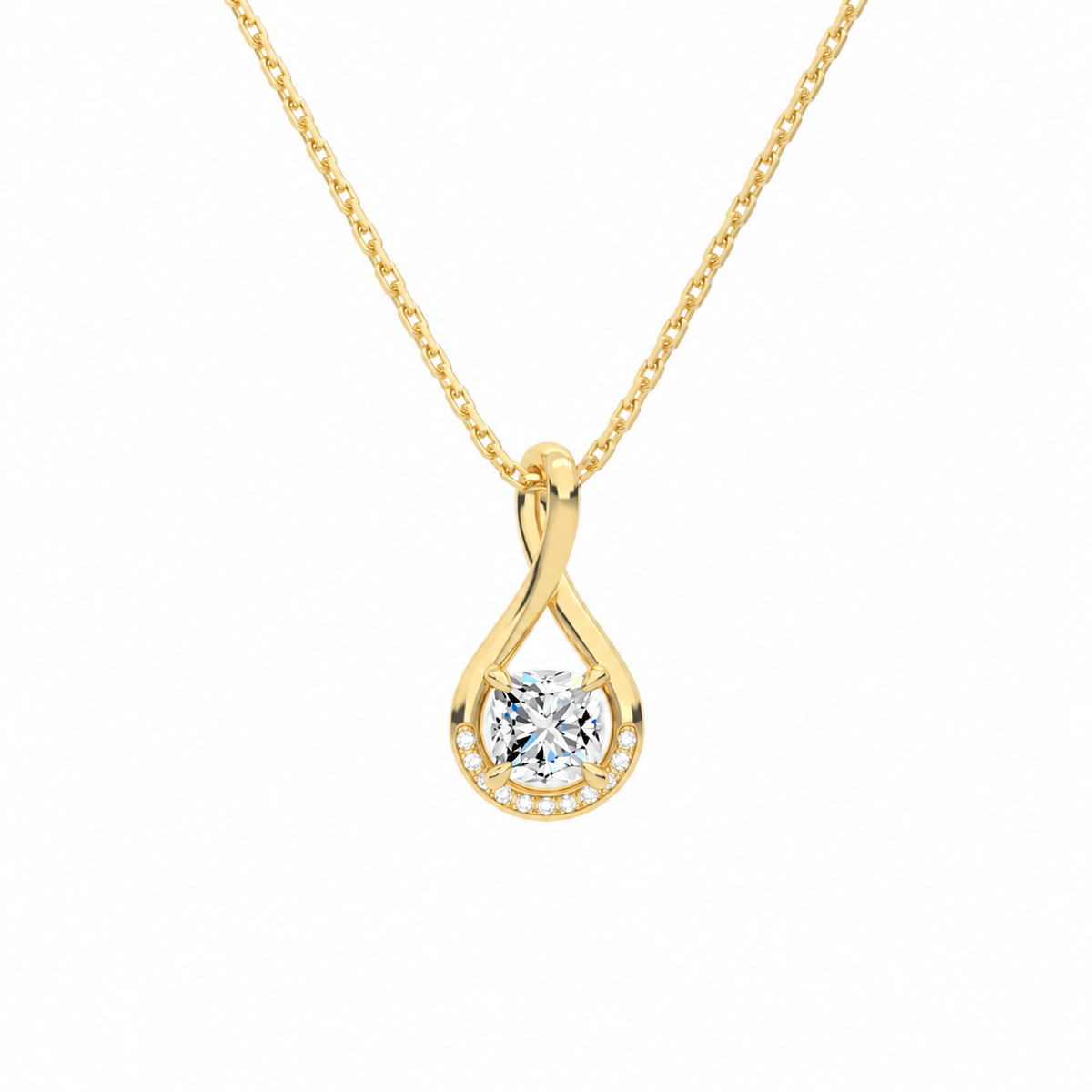 Nelle Cushion Accented Twist Lab-Grown Diamond Pendant Necklace in 14K Yellow Gold, front view