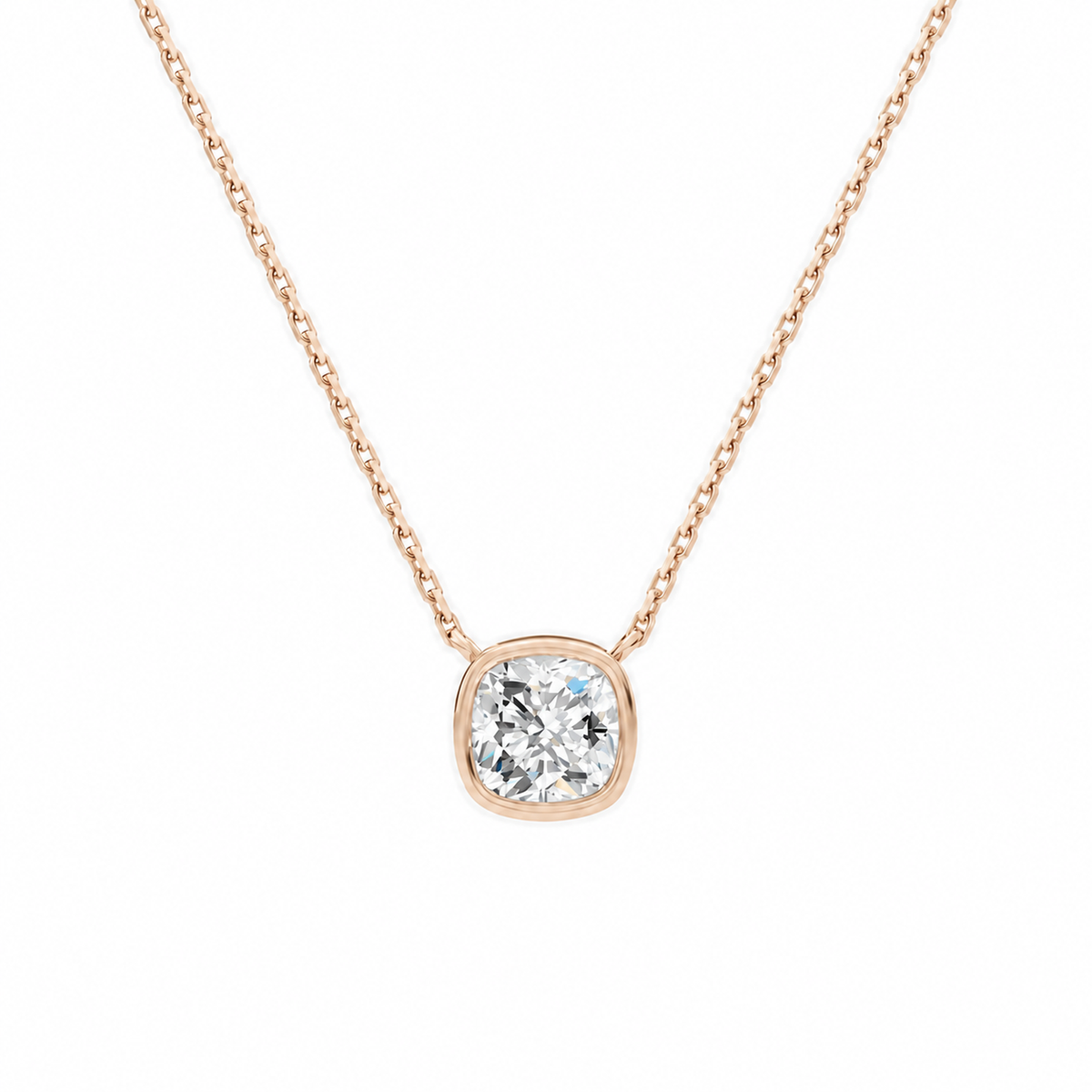 Sienna Cushion Bezel Solitaire Lab-Grown Diamond Necklace in 14K Rose Gold, front view