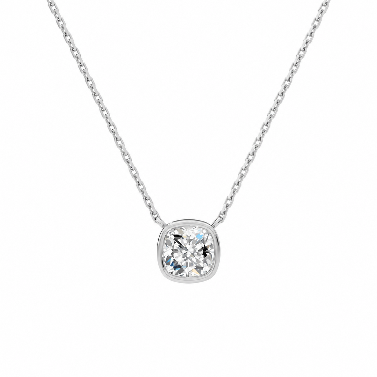 Sienna Cushion Bezel Solitaire Lab-Grown Diamond Necklace in Platinum, front view