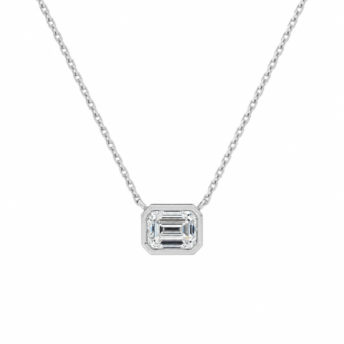 Sienna Emerald Bezel Solitaire Lab-Grown Diamond Necklace in 18K White Gold, front view