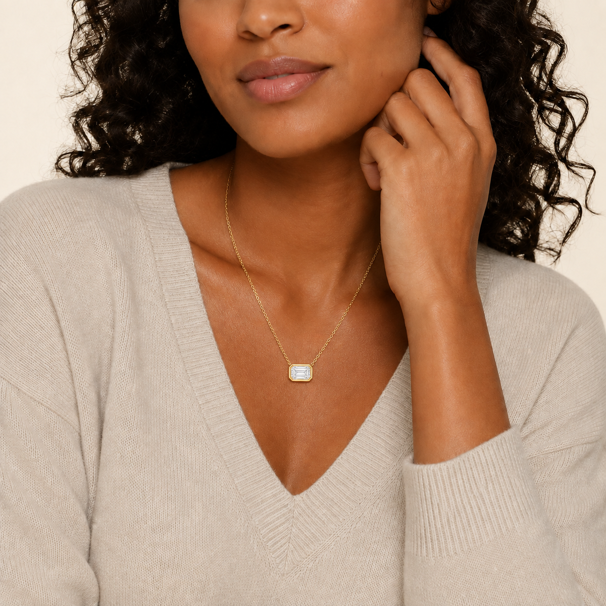 Sienna Emerald Bezel Solitaire Lab-Grown Diamond Necklace in 14K Yellow Gold, worn on neck