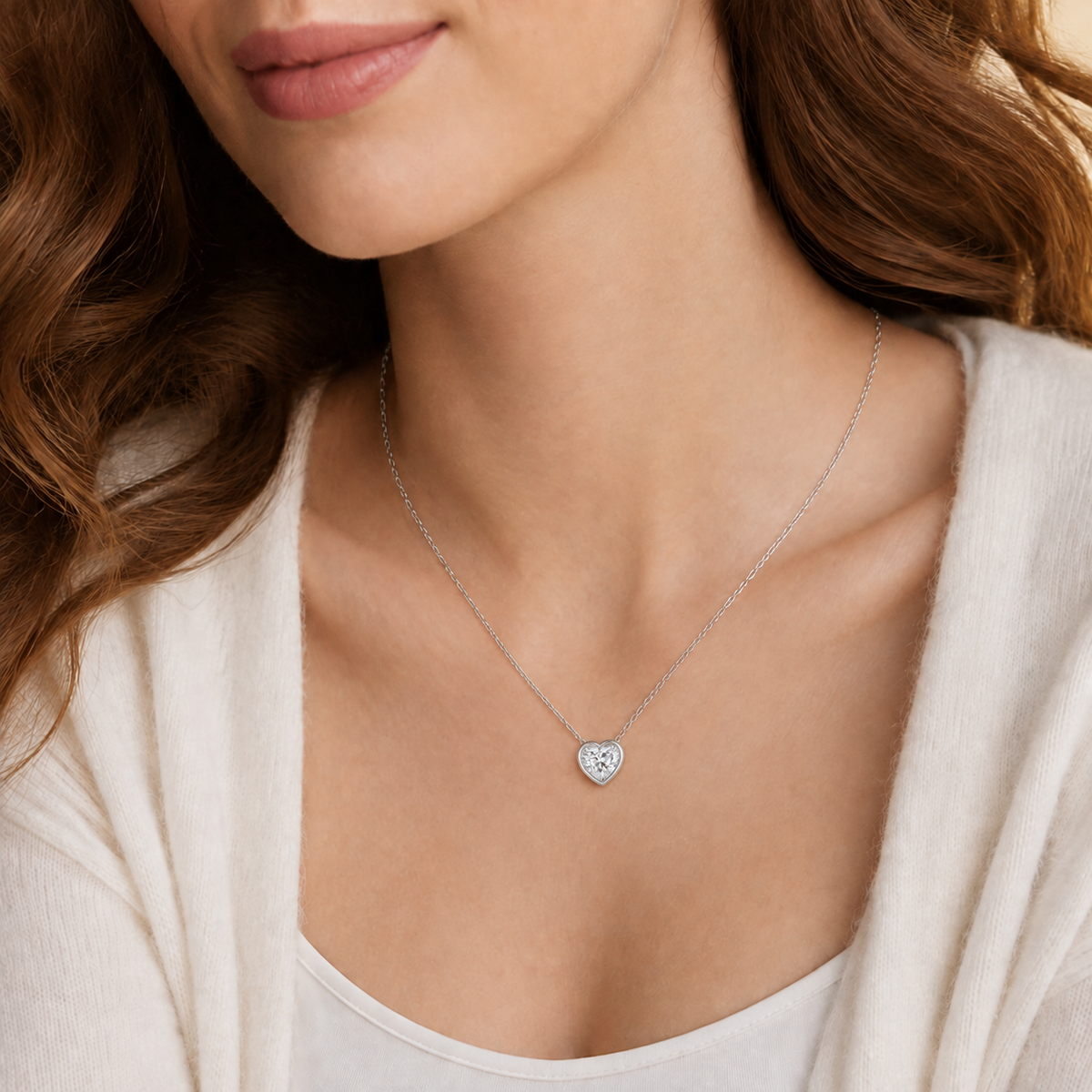 Sienna Heart Bezel Solitaire Lab-Grown Diamond Necklace in 14K White Gold, worn on neck
