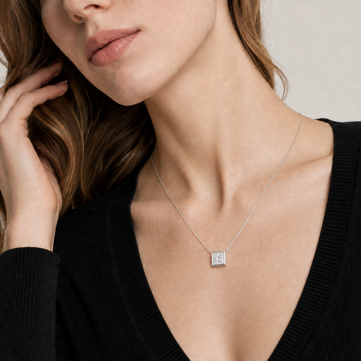 Sienna Princess Bezel Solitaire Lab-Grown Diamond Necklace in 18K White Gold, worn on neck