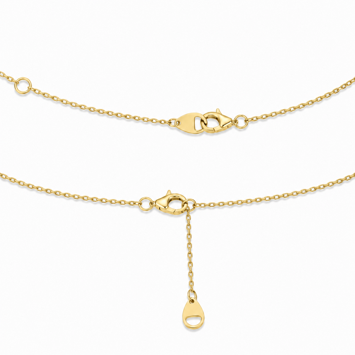 Sienna Radiant Bezel Solitaire Diamond Necklace in 18K Yellow Gold, two clasp arrangements and extender chain