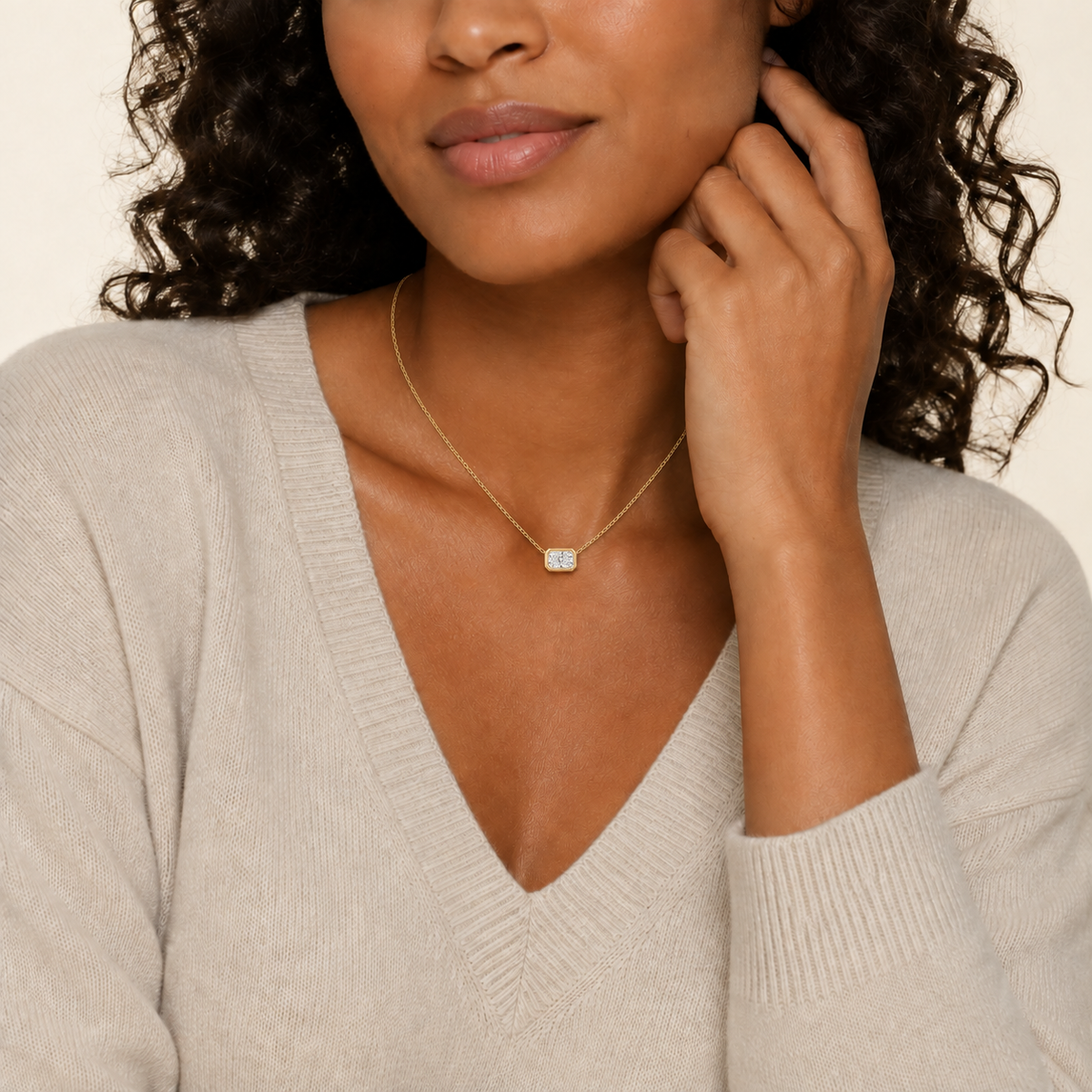 Sienna Radiant Bezel Solitaire Lab-Grown Diamond Necklace in 14K Yellow Gold, worn on neck
