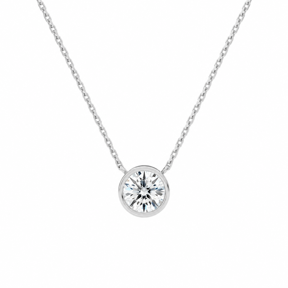 Sienna Round Bezel Solitaire Lab-Grown Diamond Necklace in 18K White Gold, front view