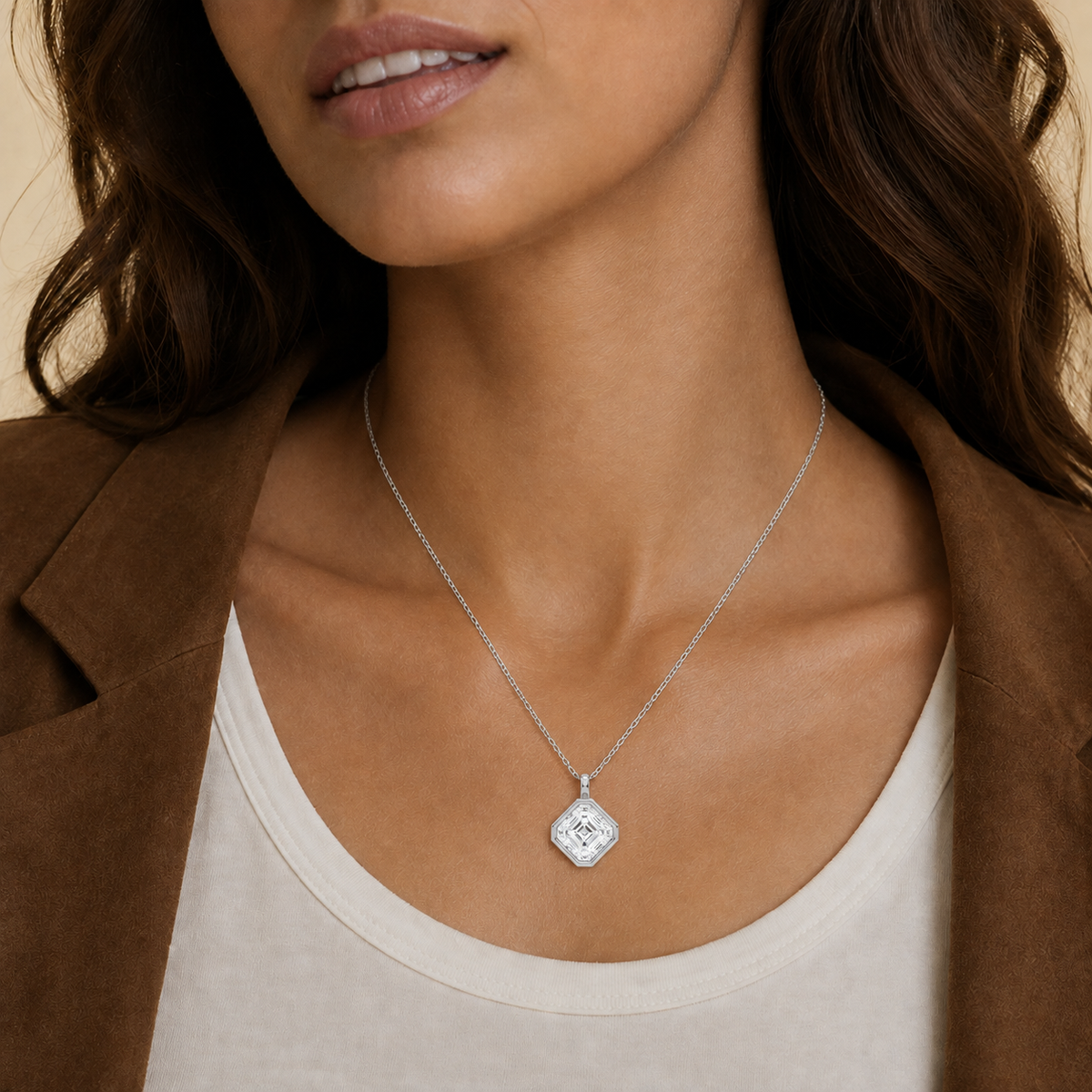 Stellaire Asscher Bezel Solitaire Lab-Grown Diamond Pendant Necklace in 14K White Gold, worn on neck