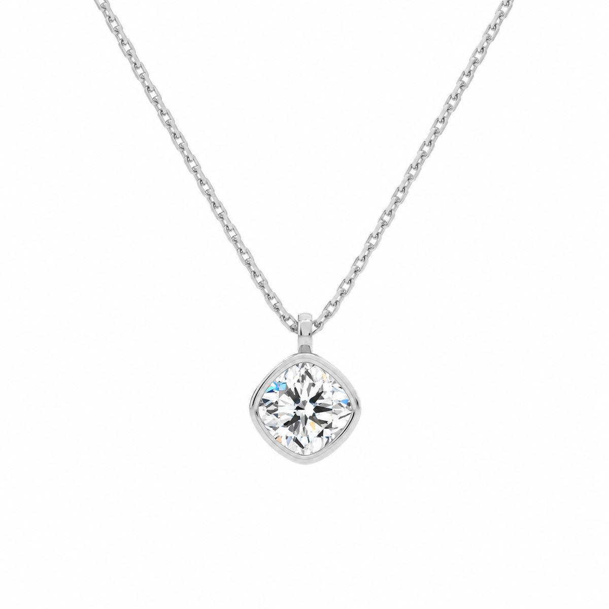 Stellaire Cushion Bezel Solitaire Lab-Grown Diamond Pendant Necklace in 14K White Gold, front view