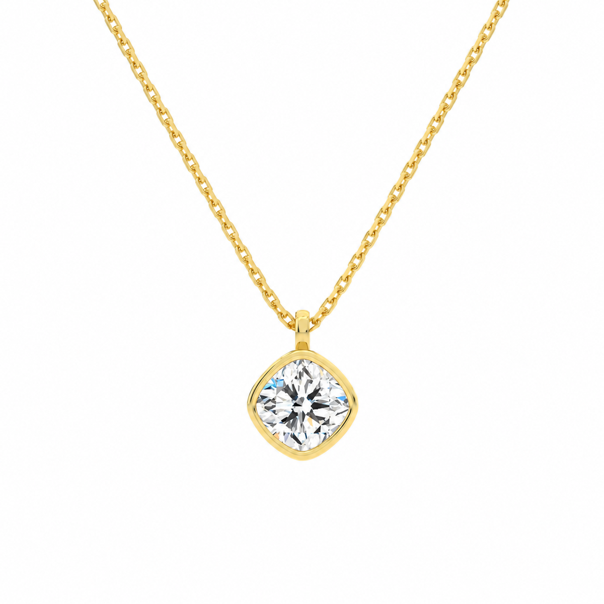 Stellaire Cushion Bezel Solitaire Lab-Grown Diamond Pendant Necklace in 18K Yellow Gold, front view