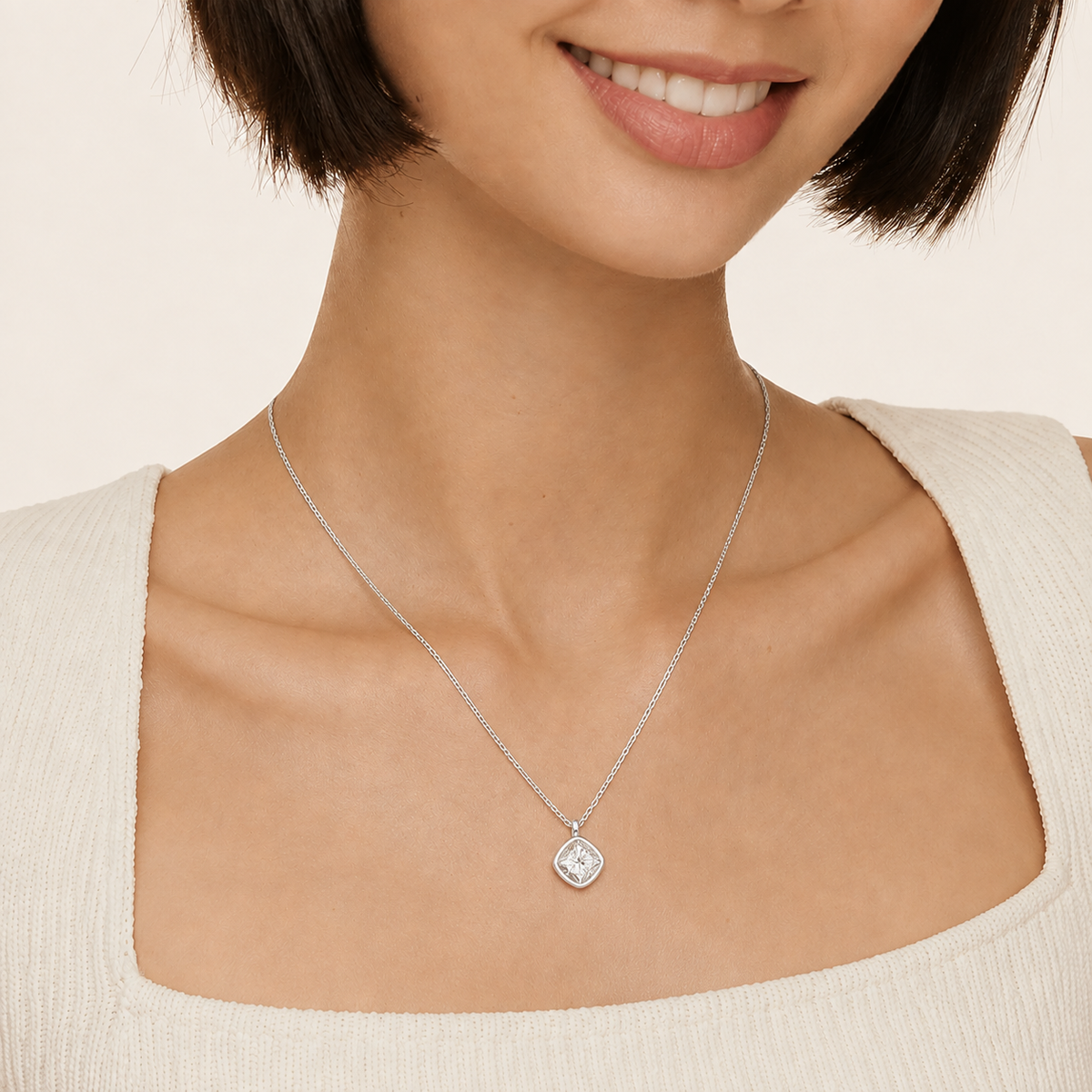 Stellaire Cushion Bezel Solitaire Lab-Grown Diamond Pendant Necklace in 14K White Gold, worn on neck