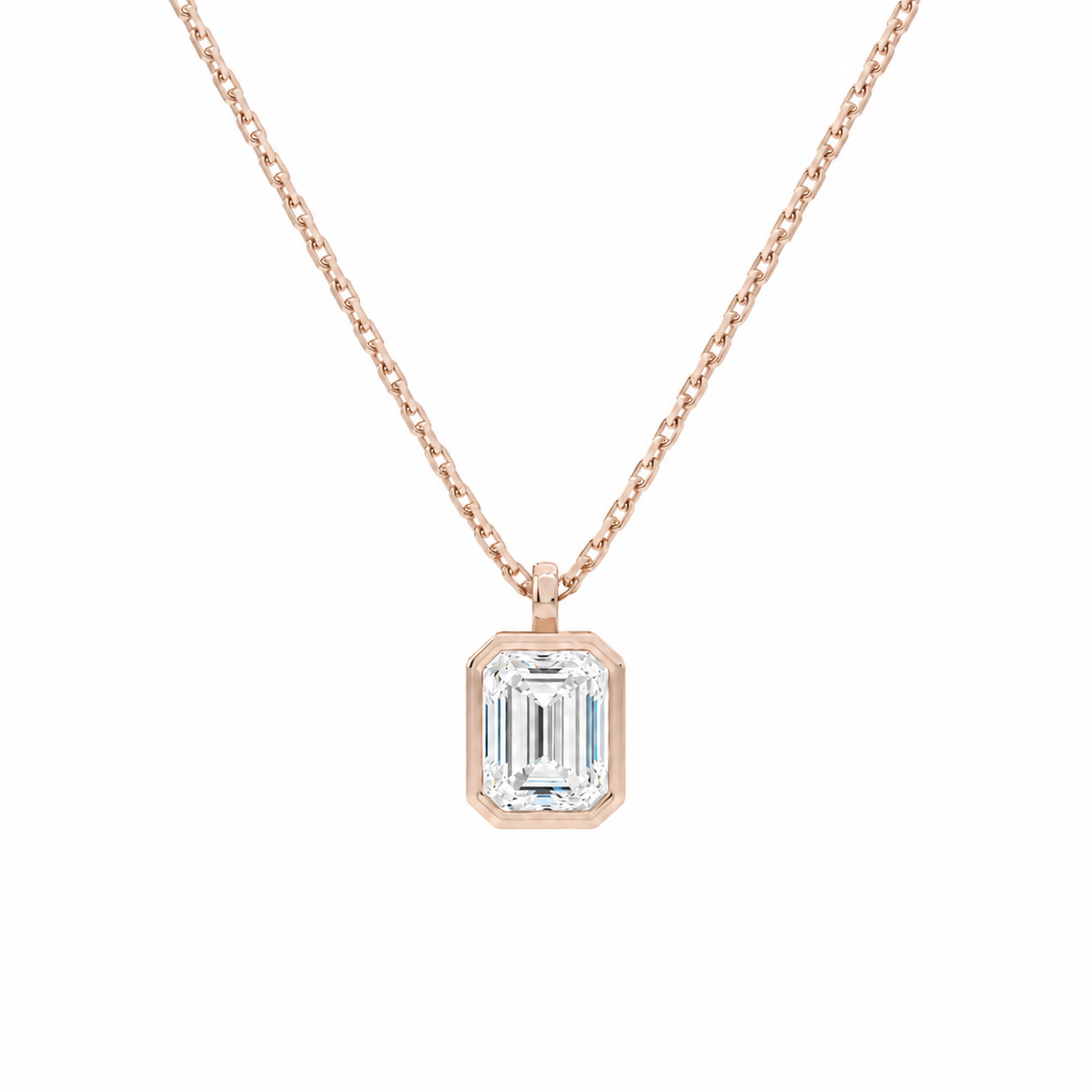 Stellaire Emerald Bezel Solitaire Lab-Grown Diamond Pendant Necklace in 14K Rose Gold, front view