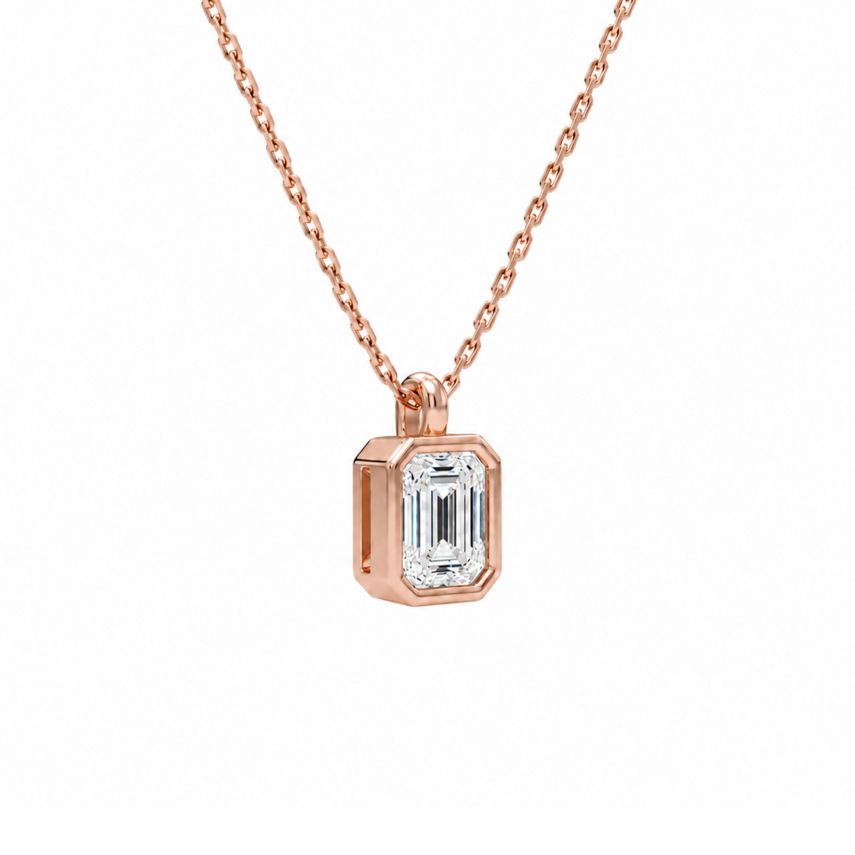Stellaire Emerald Bezel Solitaire Lab-Grown Diamond Pendant Necklace in 14K Rose Gold, alternate product view