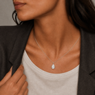 Stellaire Pear Bezel Solitaire Lab-Grown Diamond Pendant Necklace in 14K White Gold, worn on neck