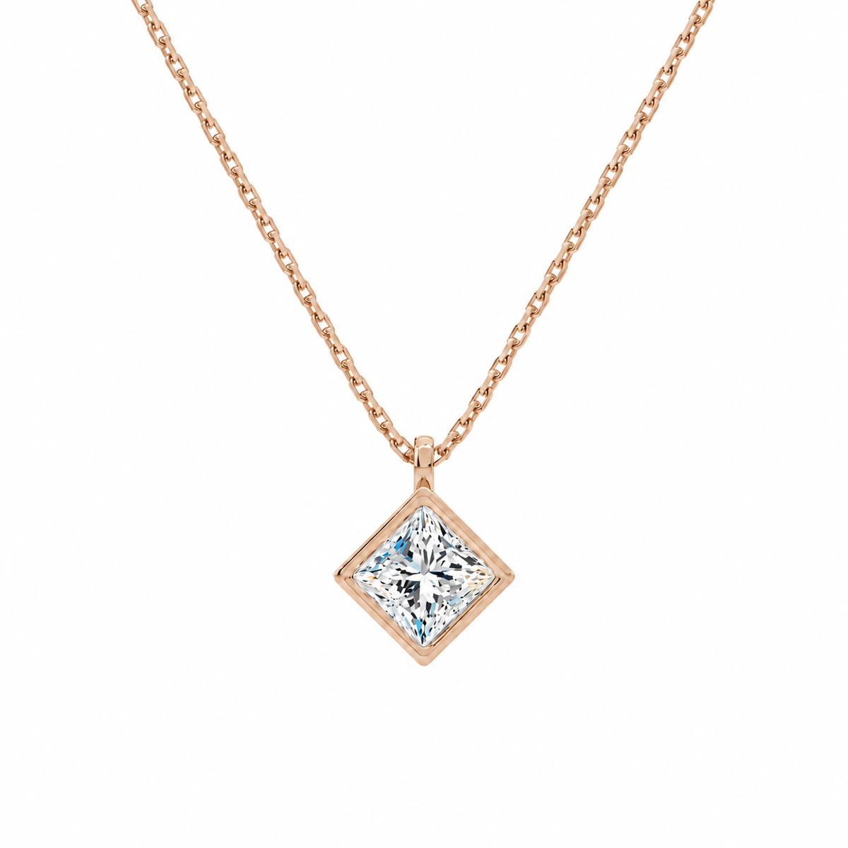 Stellaire Princess Bezel Solitaire Lab-Grown Diamond Pendant Necklace in 14K Rose Gold, front view