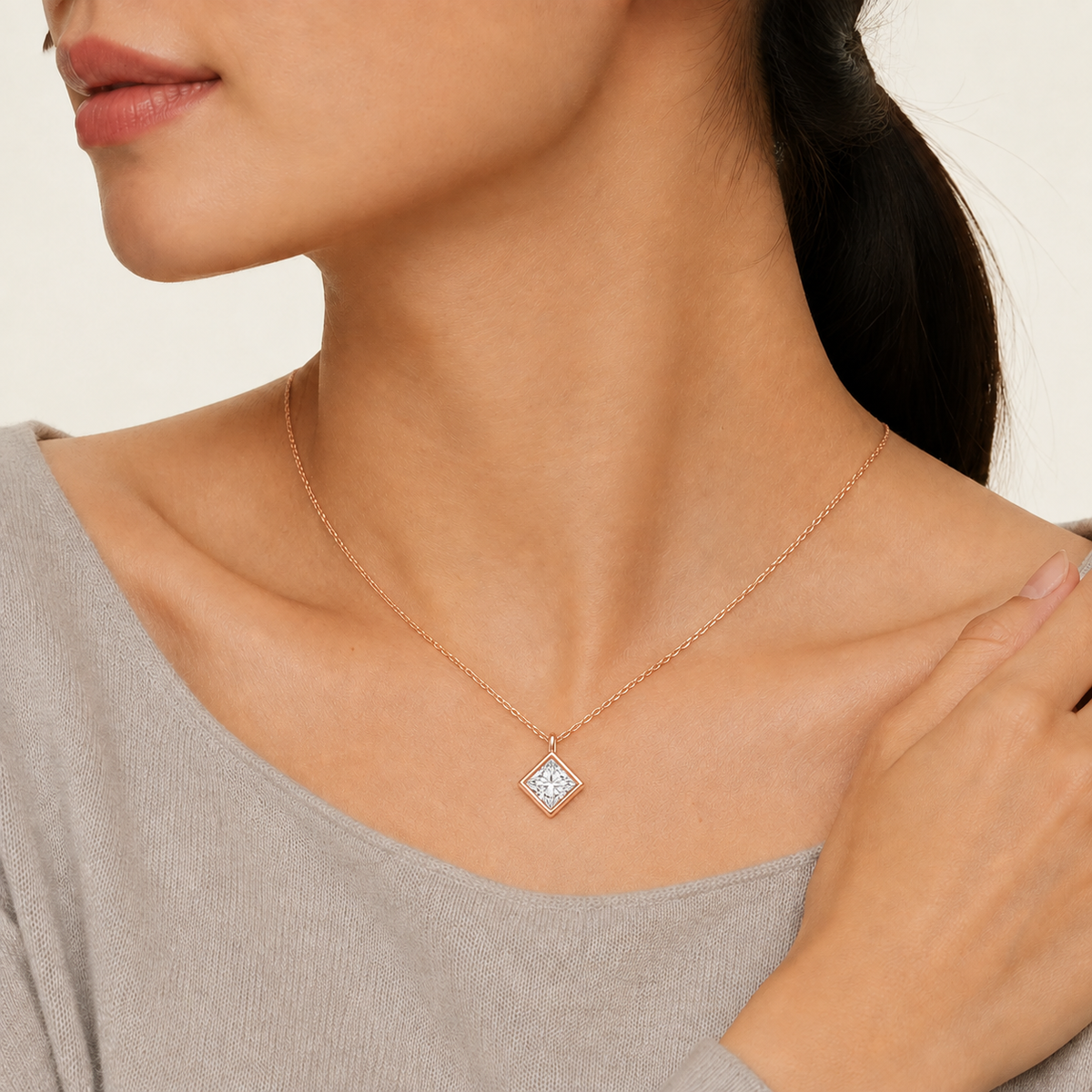 Stellaire Princess Bezel Solitaire Lab-Grown Diamond Pendant Necklace in 14K Rose Gold, worn on neck