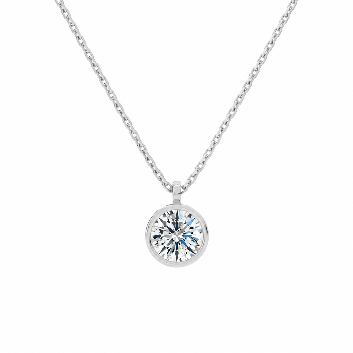 Stellaire Round Bezel Solitaire Lab-Grown Diamond Pendant Necklace in 14K White Gold, front view