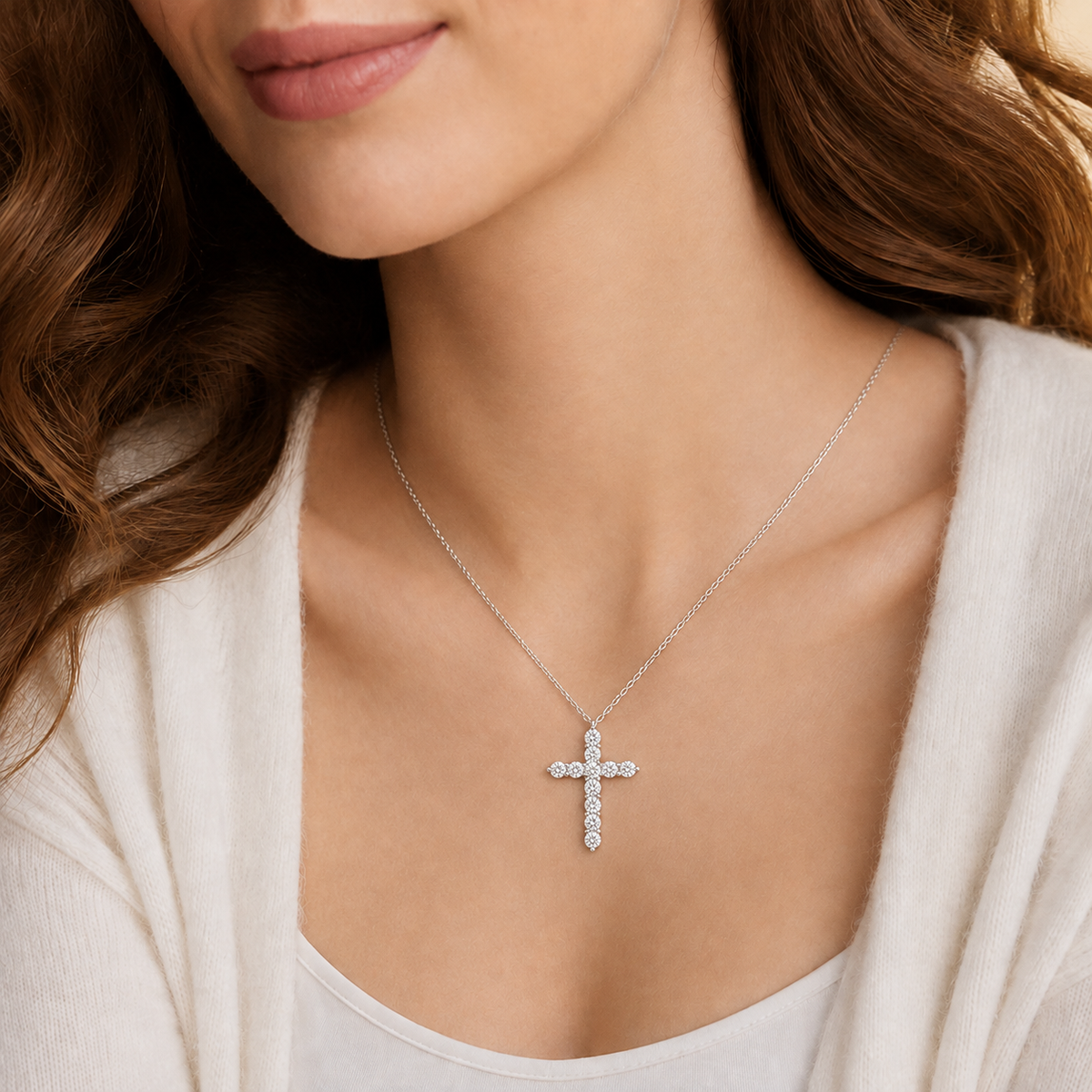 Nerissa Cross Lab-Grown Diamond Pendant Necklace in 14K White Gold, worn on neck